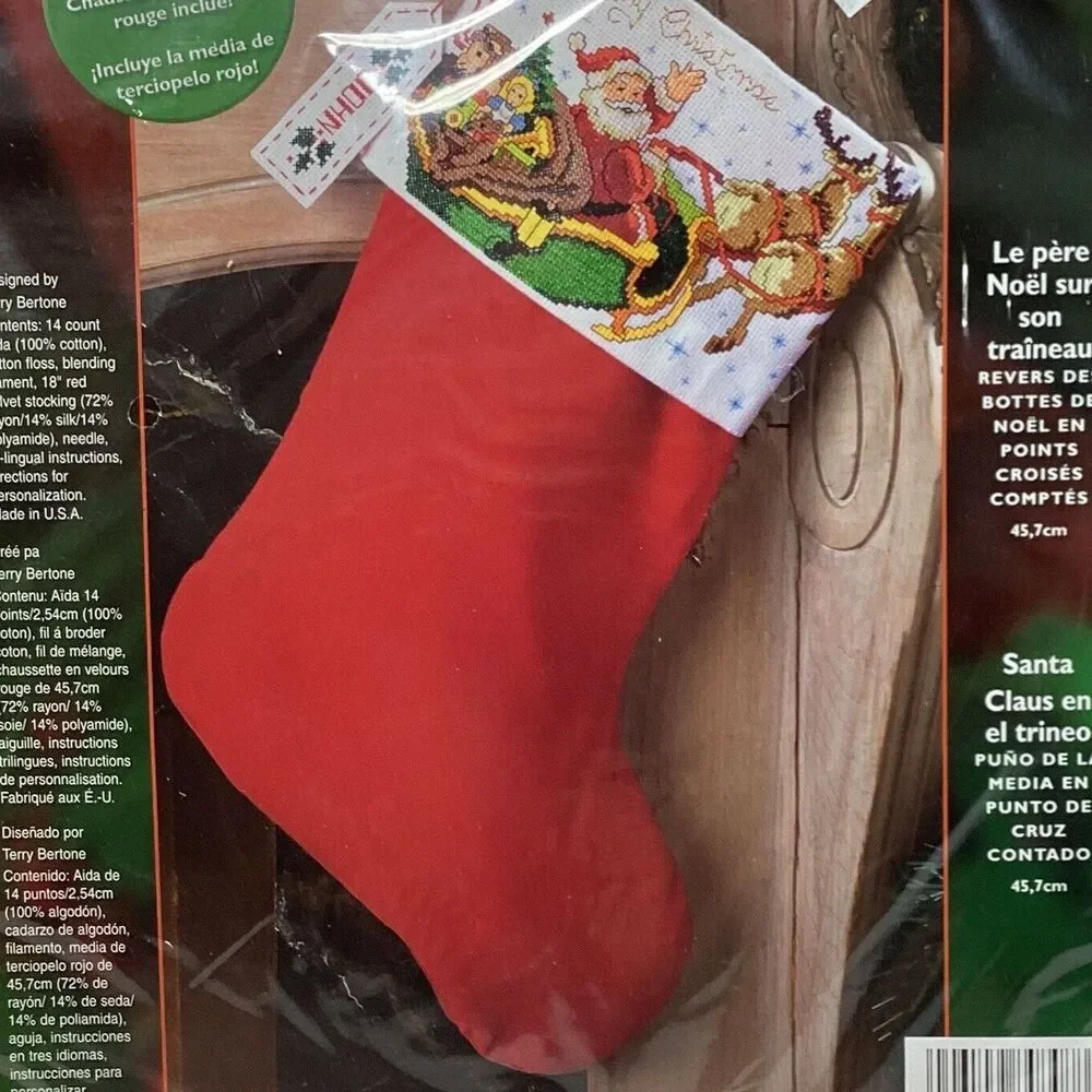 Bucilla Santa On Sleigh Christmas Stocking Kit Cross Stitch 84848 New Sealed 18